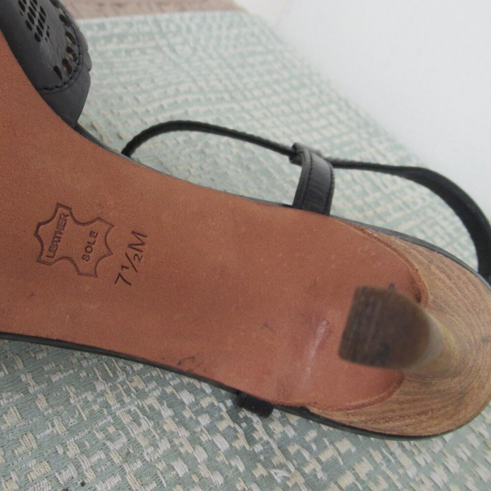 TORY BURCH, ALEXA Genuine Leather Peep Toe High Heel Sandal Black & Tan Sz. 6.5 - Picture 12 of 13